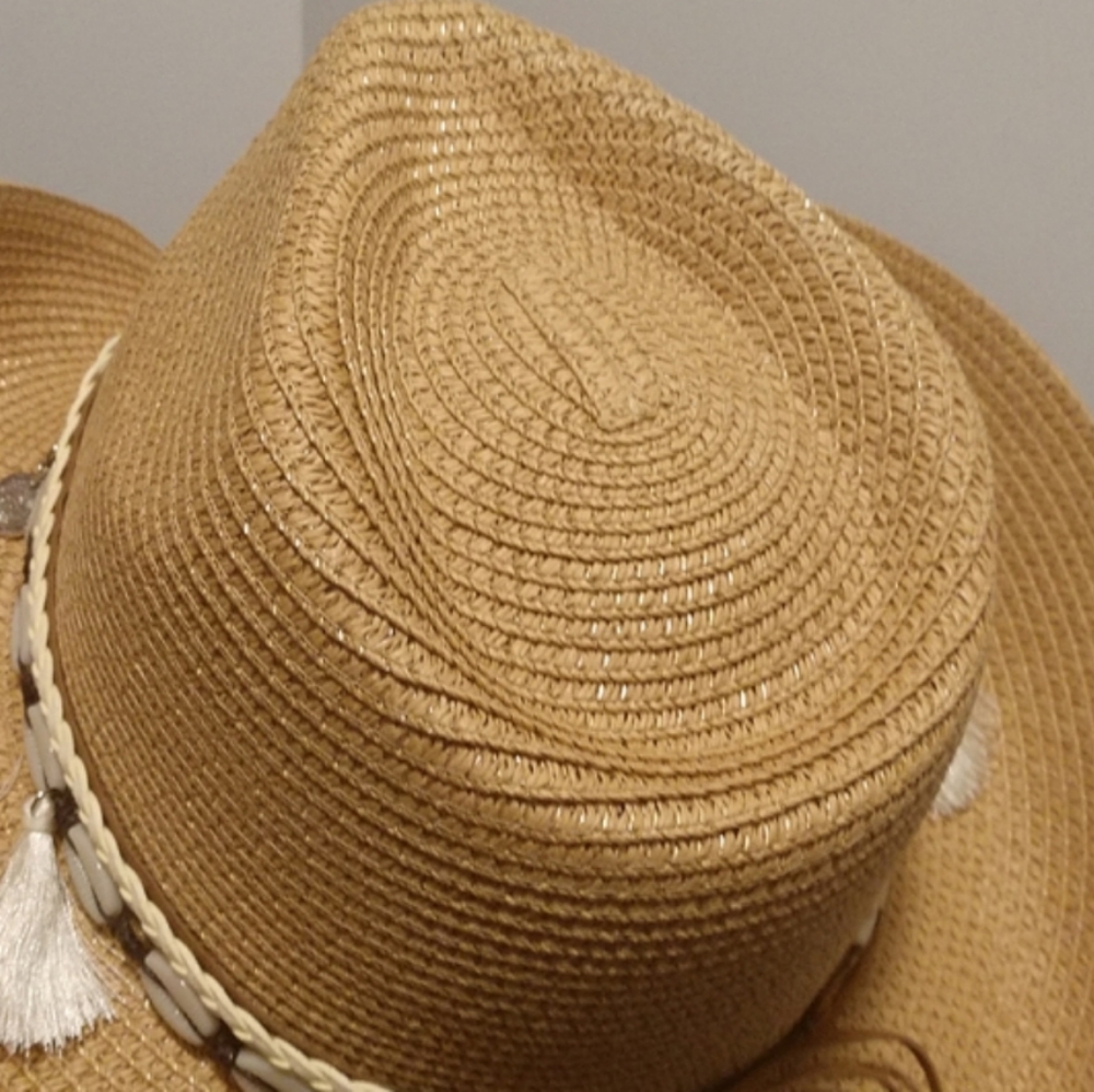 Unisex Western Straw Sun Hat Cowrie Cowry Shells 3.5" Wide Brim Khaki Tan Boho - Picture 10 of 14